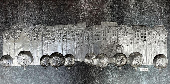 Altstadt Wil aus Kirchenorgelflöten auf Keramikplatte 30x60 cm / Fr. 900.-
